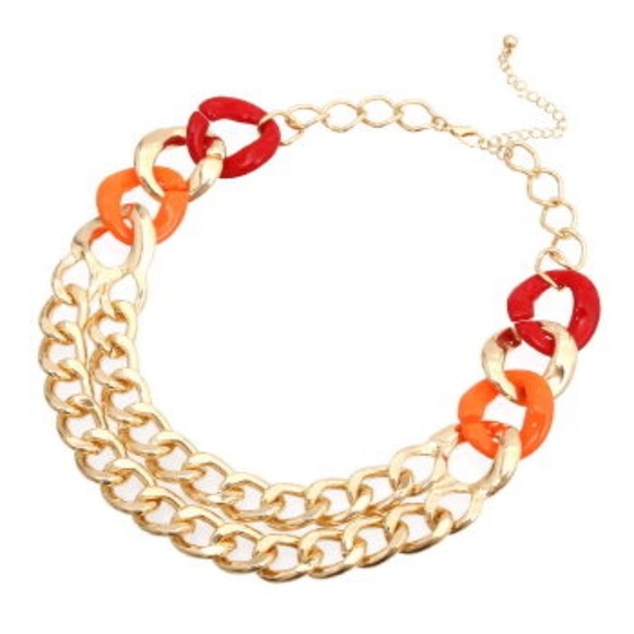 Orange, Red and Gold Link Necklace and Earrings Se - Picture 2 of 2
